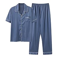 Mens Polyester Pajamas Sets Long Sleeve Button-Down Sleepwear Sets Casual Comfy Soft Loungewear Sets for Mens
