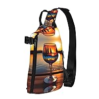 Sunset Wine Glass Print Crossbody Backpack Cross Pack Lightweight Sling Bag Travel, Hiking