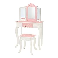 Teamson Kids Princess Gisele Twinkle Star Print 2-Piece Kids Wooden Play Vanity Set with Vanity Table, Tri-Fold Mirror, Storage Drawer, and Matching Stool, White with Pink and Gold Star Accent