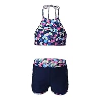 Kid Girl Halter Tankini 2-Piece Swimsuit Beach Swimwear Straps Self Tie Back Sleeveless Swim Top and Shorts Set