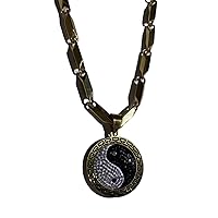 Men Women 925 Italy Gold Finish Iced Ying Yang Ice Out Pendant Stainless Steel Real 4 mm Bullet Chain Necklace 24 Inches, Mens Jewelry, Iced Pendant, Bullet Necklace