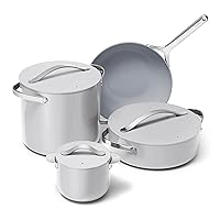 Caraway Cookware+ Collection - Specialty Cookware Set - Petite Cooker, Stir Fry Pan, Rondeau, & Stock Pot - 3 Lids & Storage Organizer Included - Gray