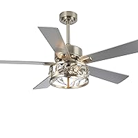 Crystal Ceiling Fan with Light and Remote Control, 52 Inch Farmhouse Caged Chandelier, Rustic Lighting & Ceiling Fans for Bedroom/Kitchen,Brushed Nickel