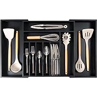 Premium Silverware, Flatware and Utensil Organizer for Kitchen Drawers, Expandable 16 to 28 In Wide, 10 Compartments, Food-Safe Contract Grade Black Finish 100% Bamboo Wood