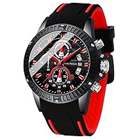 MF Mini Focus Men's Watch, Chronograph Waterproof Sport Analogue Quartz Watches Silicone Strap Fashion Wristwatch for Men, H-black red, fashion watches