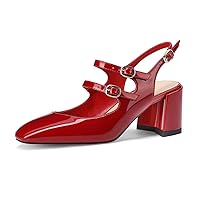 Adrizzlein Women Mary Janes Pumps Round Toe Strappy Chunky Heel Pumps with Adjustable Buckle