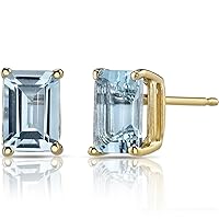 Peora Solid 14K Yellow Gold Aquamarine Earrings for Women, Genuine Gemstone Birthstone Solitaire Studs, 7x5mm Radiant Cut, 1.75 Carats total, Friction Back