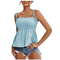 Sale Spaghetti Strap Tank Tops Women Sexy Casual Camisole Smocked Ruffle Hem Cami Shirt Summer Going Out Top Blouses Ruffle Neck Tops For Women