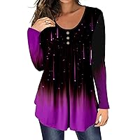 RMXEi Fashion Women's T-Shirts Casual Style O-Neck Long Sleeve Buttons Printing Tops