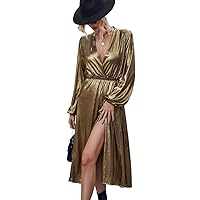 Fall Dresses for Women 2023 Surplice Neck Lantern Sleeve Wrap Hem Dress Dresses for Women (Color : Gold, Size : X-Small)