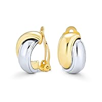 Two Tone Interlocking Circle Dome Half Hoop Clip On Earrings Non Pierced Polished Silver Tone 14K Gold Plated Brass