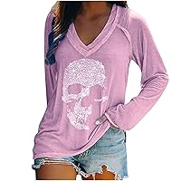 Ceboyel Womens Long Sleeve Shirts Rhinestones Skull Skeleton Tshirts Tees V Neck Tunic Blouses Tops Y2K Trendy Clothing 2023