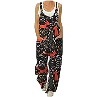 Women's Casual Sleeveless Front Button Loose Jumpsuits Cute Animal Print Stretchy Wide Leg Pants Romper with Pockets