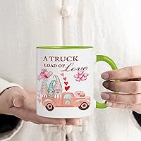 A Truck Load of Love Valentines Gnome Coffee Mug Green and white Red Floral Rose Flower Cards Ceramic Tea Cup Funny Housewarming Mugs Gift for Tea Water Beverages 11oz
