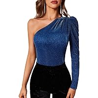Womens Summer Tops Sexy Casual T Shirts for Women One Shoulder Gigot Sleeve Glitter Top