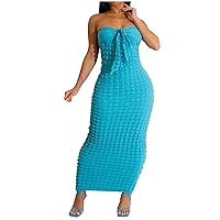 Womens Strapless Maxi Dress Tube Top Bodycon Long Dresses Hollow Out Knot Front Party Sundress Bandeau Dress Clubwear