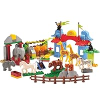 Constructive Playthings 105 Piece Preschool Sized Zoo Building Bricks Set with 12 Animals and 3 People Figures; Giraffe Stands 5 3/4
