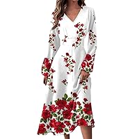 Women's 2024 Fall Midi Dress Casual Long Sleeve V Neck Floral Printed A Line High Waist Dresses for Women