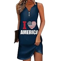 Women's American Flag Star Vertical Striped Print V-Neck Mini Dress Outdoor Street Sleeveless Loose Fitting, S-2XL