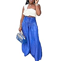 LROSEY Womens Casual Palazzo Long Pants Fall Loose Fit Blue Ruffle High Waist Wide Leg Trousers with Pockets