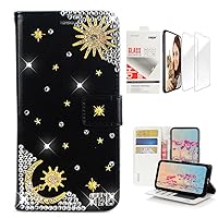 STENES Bling Wallet Phone Case Compatible with Samsung Galaxy A35 5G - Stylish - 3D Handmade Sun Stars Night Moon Glitter Magnetic Wallet Leather Cover with Screen Protector [2 Pack] - Blue