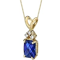PEORA 14K Yellow Gold Created Blue Sapphire with Genuine Diamond Pendant, 1.30 Carats total Radiant Cut 7x5mm, Elegant Solitaire