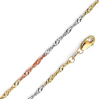 14k Yellow OR White OR Tri Color Gold Chain Necklace - 1.8mm Solid Singapore Gold Chain for Men and Women with Lobster Claw Clasp