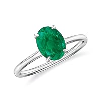 Natural Emerald Oval Solitaire Ring for Women Girls in Sterling Silver / 14K Solid Gold/Platinum