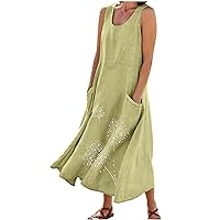 Womens Beach Dresses Sleeveless Dresses for Women Boat Neck Linen Midi Loose Fit Hawaiian Fall Summer Dresses 2024