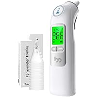 Ear Thermometer, Highly Accurate Ear Thermometer for Kids, Adults and Babies, 30 Memory Recall, 1s Result and 3-Color Fever Alert, with 24 Disposable Probe Covers, Grey