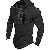 Mens Lace Up Henley Long Sleeve Shirts,Hooded Soft T Shirts Vintage Goth Tops Casual Slim Y2K Tees Blouses