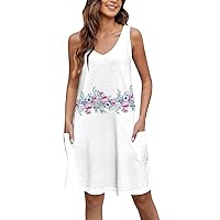 Casual Floral Dress Bohemian Dress for Women 2024 Summer Fashion Print Pretty Slim Fit Dress Sleeveless V Neck Dresses with Pockets Purple XX-Large