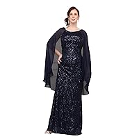 Navy Beaded Sequin Lace Cape Sleeve Evening Gown- Formal Gown