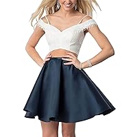 Women's Off The Shoulder Lace 2 Piece Homecoming Dresses Short Satin Prom Party Gowns Cocktail Dress