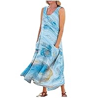Plus Size Sleeveless Dress Sleeveless Dress for Women 2024 Marble Print Fashion Loose Fit Casual Trendy U Neck Dresses with Pockets Light Blue Large