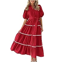 Womens Summer Maxi Dresses Puff Elbow Sleeve Collared V Neck Button Down Belted Shirt Dress Flowy A Line Tiered Long Dress