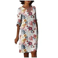 Half Sleeve Dress Women's Loose V-Neck Trendy Vintage Floral Print Breathable Womens Solid Color Daily Hollow Dress