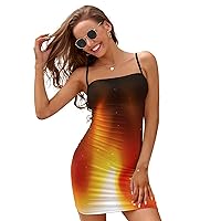 Burning Flame Fire Slip Dresses for Women Adjustable Spaghetti Strap Mini Dress Sexy Backless Bodycon Dress