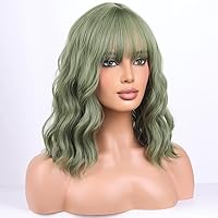 Matcha Green Wig Short Bob Wig Short Curly Wavy Wig With Bangs for Women Avocado Green Wig Heat Resistant Synthetic Hair Wigs for Daily Use Cosplay Wig With Wig Cap