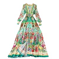 Summer Bohemian Print Flowy Chiffon Dress Women Clothing V-Neck Long Sleeve Single Breasted Split Maxi Vestidos