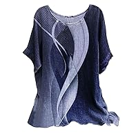 Oversized Blouses for Women, Women Tie Dye Short Sleeve Cotton Linen Tunic Tops Crew Neck Casual Summer Loose Fit Shirts