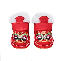 New Baby Chinese Style Handmade Traditional Festive Red Cotton Shoes,Ethnic Embroidered Warm Tiger-Head Shoes
