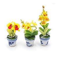 Dollhouse Flower Miniature Yellow Orchids in Pots Set 3 Pots Dollhouse Decoration Made of Artificial Clay Realistic it Very Cute.