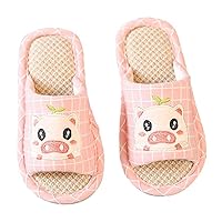 Happyyami Kids Summer Indoor Slippers Cartoon Pig Breathable Soft Non-slip Linen Home Flat Flip Flops Soft Floor Shoes