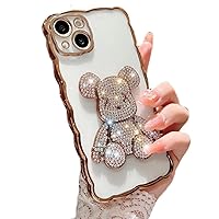 iPhone 11 Pro Max Phone Case Teddy Candy Bear Kaws Kawaii Shiny Diamond Cute 3D Bear Cartoon Phone Case Electroplated Wave Edge Soft TPU Shockproof for and Girls 6.7 inch(Gold)