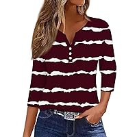 Women's Tops Dressy Casual 3/4 Sleeve, T Shirt Tee Button V-Neck Top Striped Tshirt Women Shirts for Trendy, S XXXL