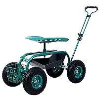 Rolling Garden Cart with 4 Wheels Tool Tray Basket Adjustable Height 360-degree Swivel Heavy-Duty Frame Easy Assembly Garden Scooter Gardening Workseats Green