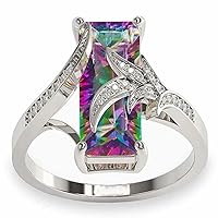Unique Created Rectangular Rainbow Topaz Ring with 925 Sterling Silver Plated Band