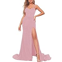 Sparkly Sequin Mermaid Prom Dresses Long with Slit Spaghetti Strap Glitter Evening Corset Gown for Women