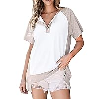 Oversized Color Block Tee Tops Womens Summer High Low Hem Henley Shirts Dressy Casual Raglan Short Sleeve Pullover